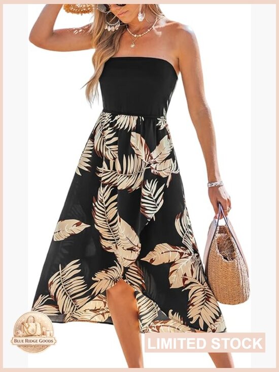 Dresses & Skirts - CUPSHE Women Tube Floral Midi Summer Dress Straight Neck Split Hem Tropical